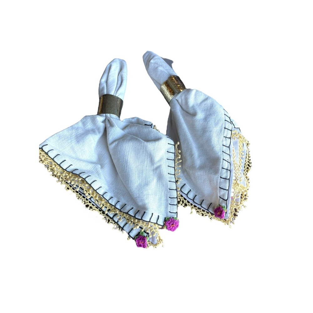 World Market 100% Cotton Napkins with Crochet Edge & Floral Embroidery (2)‎